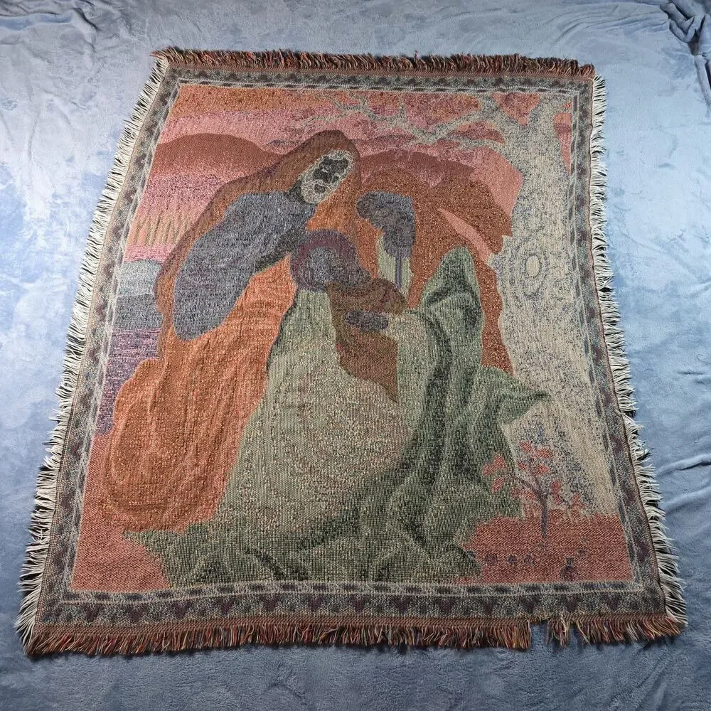 Nativity Tapestry Throw Blanket Mary Joseph Baby Jesus Fringed Christmas